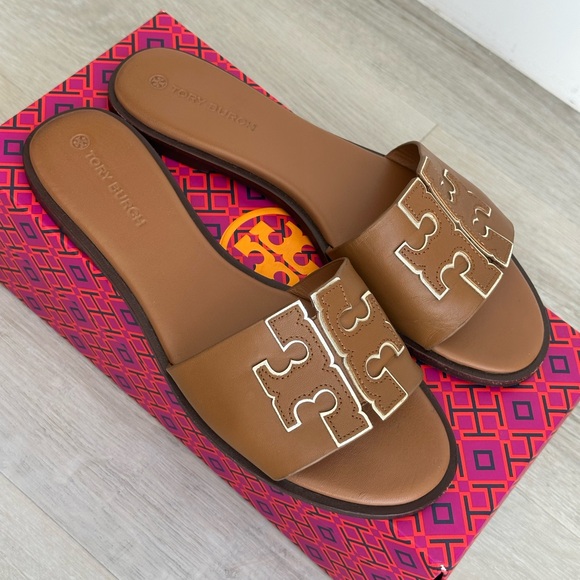 Tory Burch Ines Tan calf leather Slide Sandals with metallic accent - Picture 2 of 3